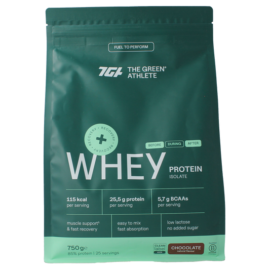 The Green Athlete Whey Protein Isolate Chocolate 750g container, showing the product label and packaging.