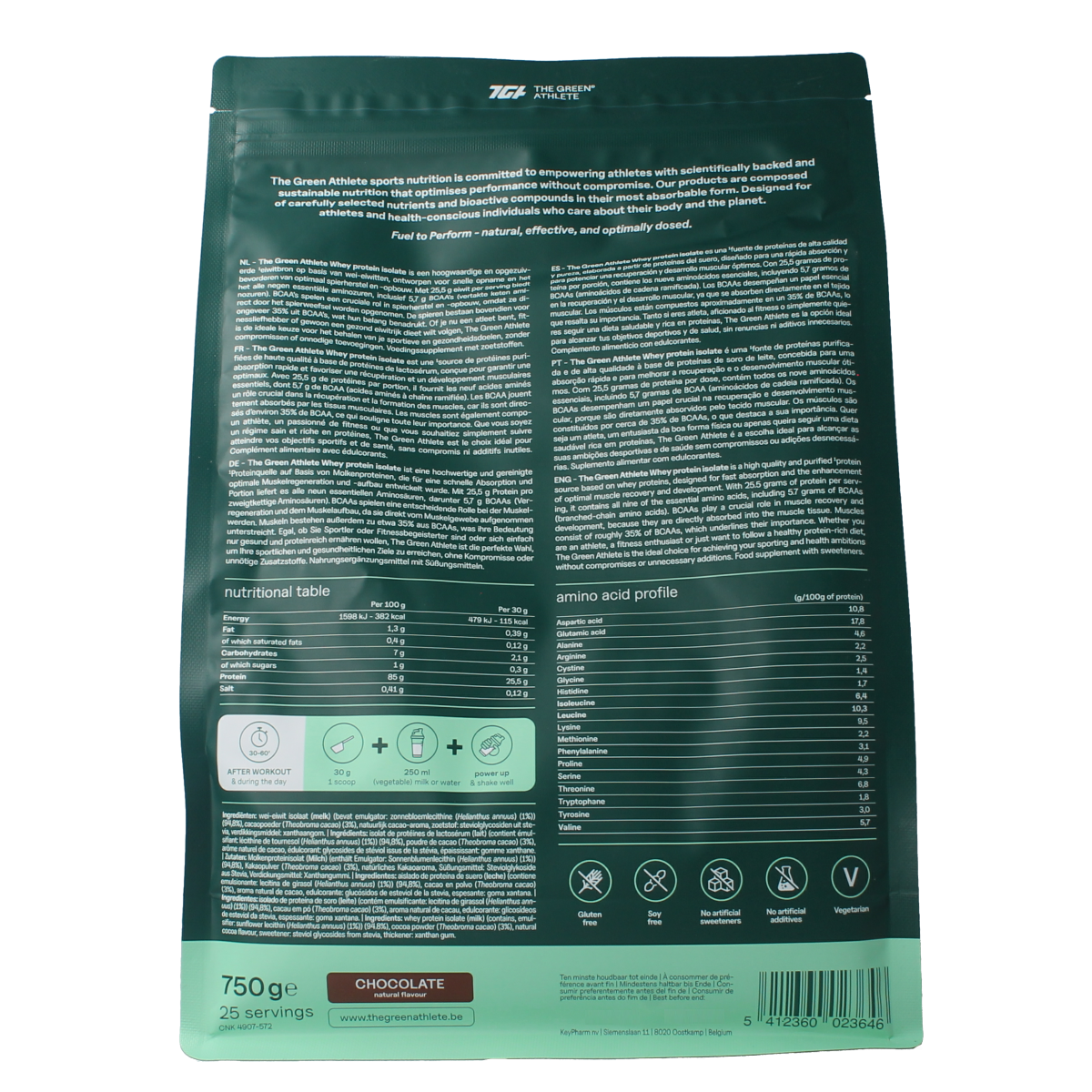 The Green Athlete Whey Protein Isolate Chocolate 750g container, showing the product label and packaging.