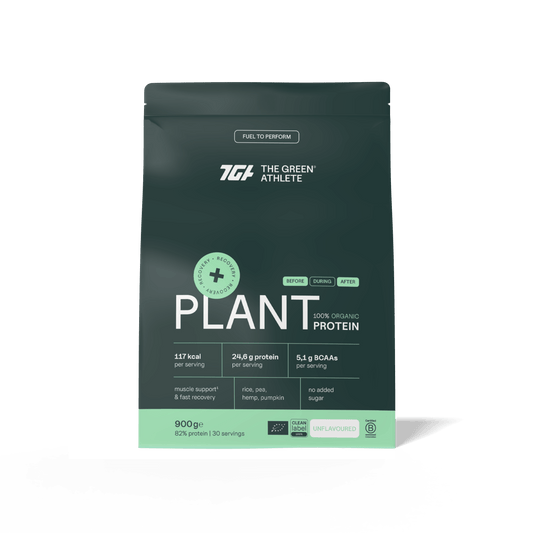 The Green Athlete Plant Protein Aminozuren container, natural bio supplement, 900 grams.
