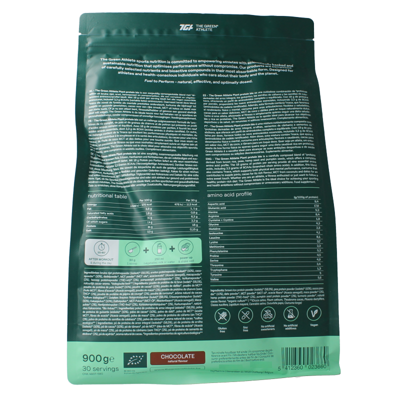 The Green Athlete Plant Protein Choco Bio 900g container with amino acids, featuring a green label and product branding.