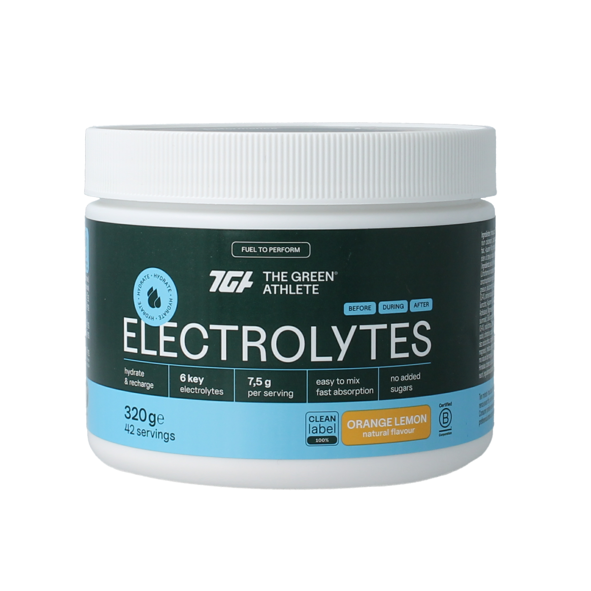 The Green Athlete Electrolytes orange lemon mineral blend in a 320g container, featuring vibrant orange and lemon flavor.