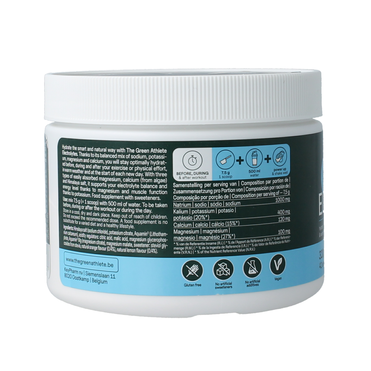 The Green Athlete Electrolytes mineral blend in orange lemon flavor, 320 grams, showing the colorful powder packaging.