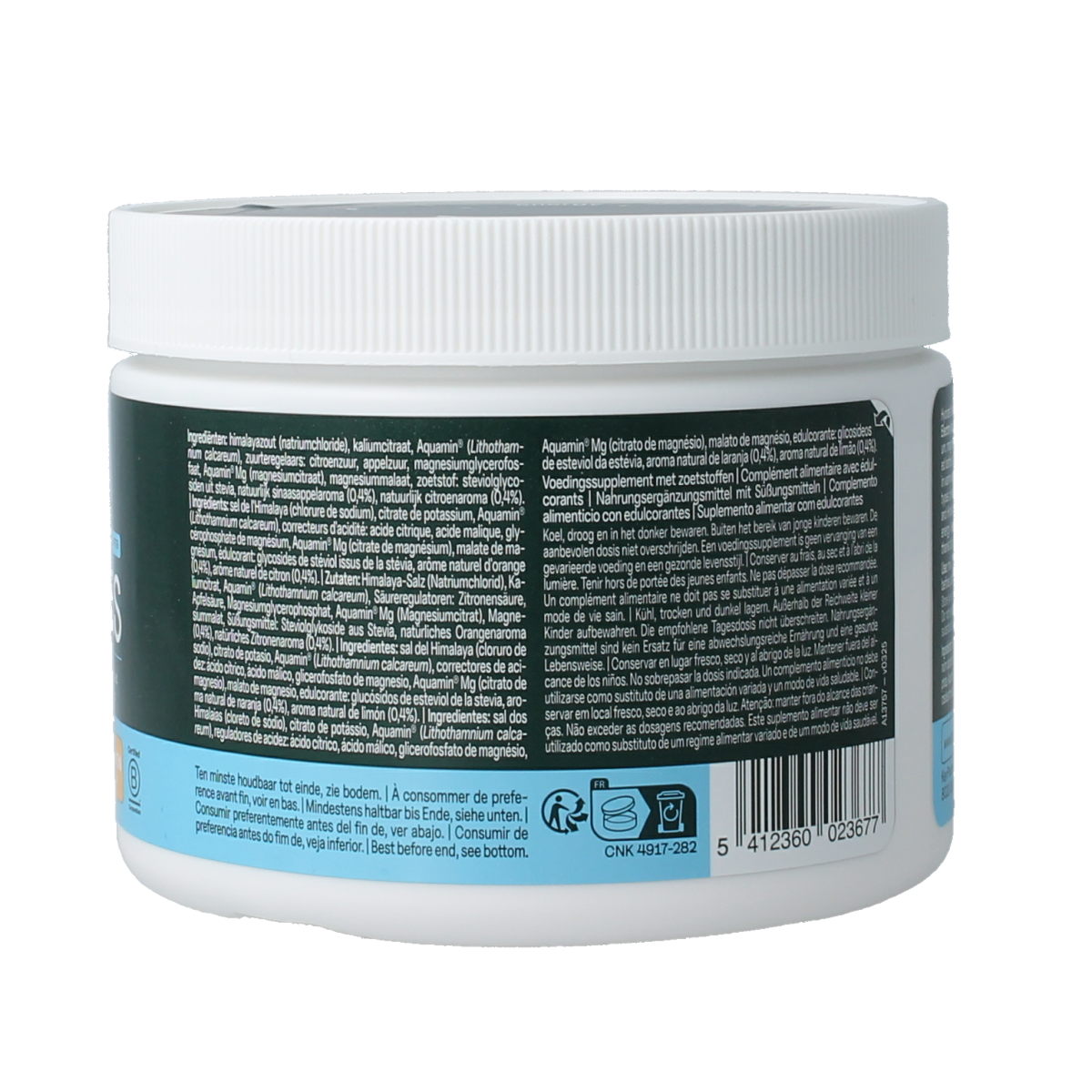 The Green Athlete Electrolytes orange lemon flavor in a 320g container, natural mineral blend for hydration and replenishment.