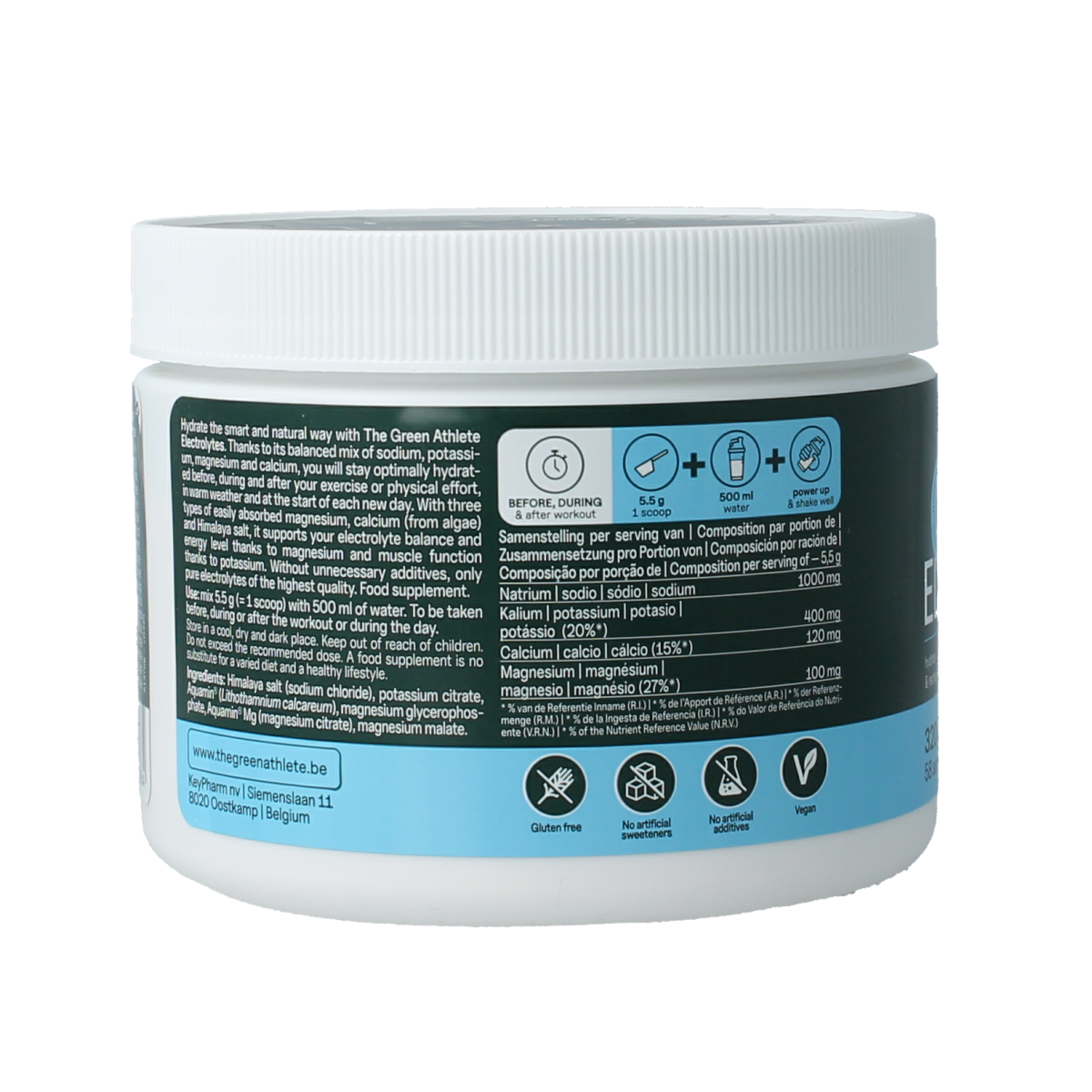 The Green Athlete Electrolytes mineral supplement container with label, showing 320g of electrolyte minerals for hydration and recovery.