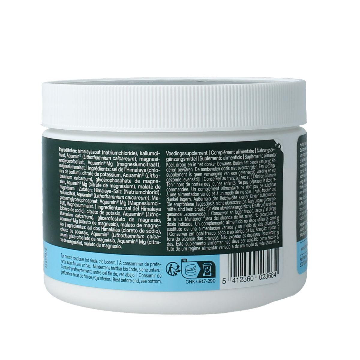 The Green Athlete Electrolytes mineral mix in a 320g container, with colorful packaging and label displaying product details.
