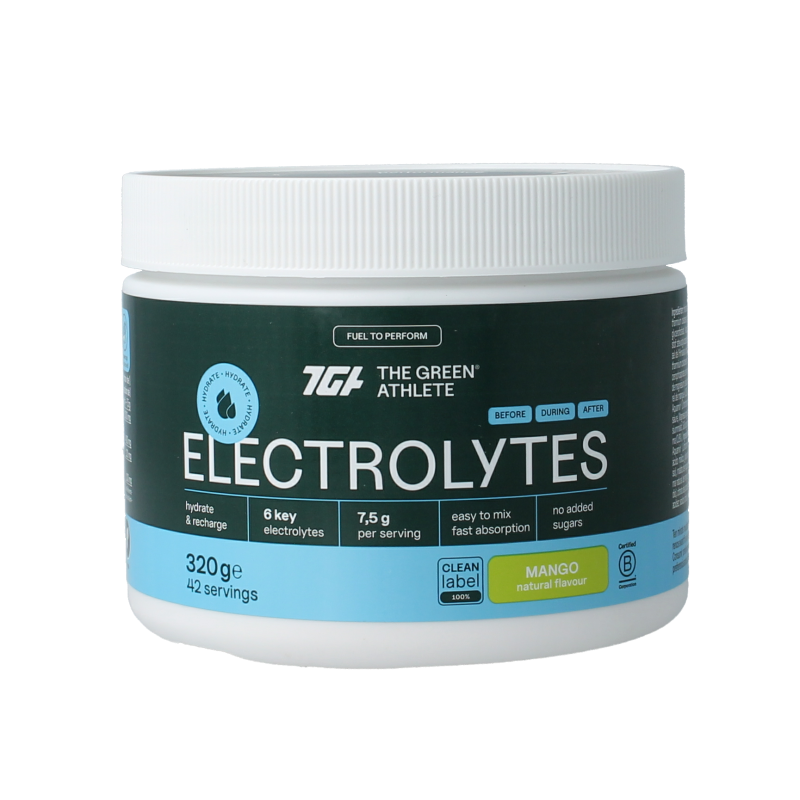 The Green Athlete Mango Electrolytes mineral supplement in a 320g container, featuring mango flavor and colorful packaging.