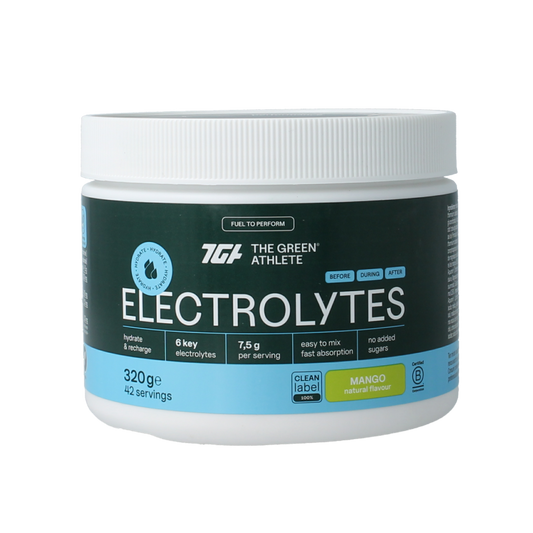 The Green Athlete Mango Electrolytes mineral supplement in a 320g container, featuring mango flavor and colorful packaging.