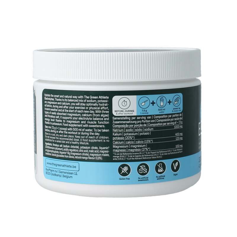 The Green Athlete Mango Electrolytes mineral blend in a 320g container, showing the colorful label and product packaging.