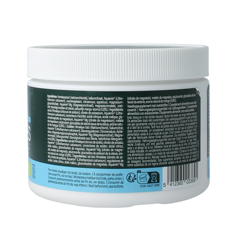 The Green Athlete Mango Electrolytes mineral supplement in a 320g container with mango flavor and colorful branding.