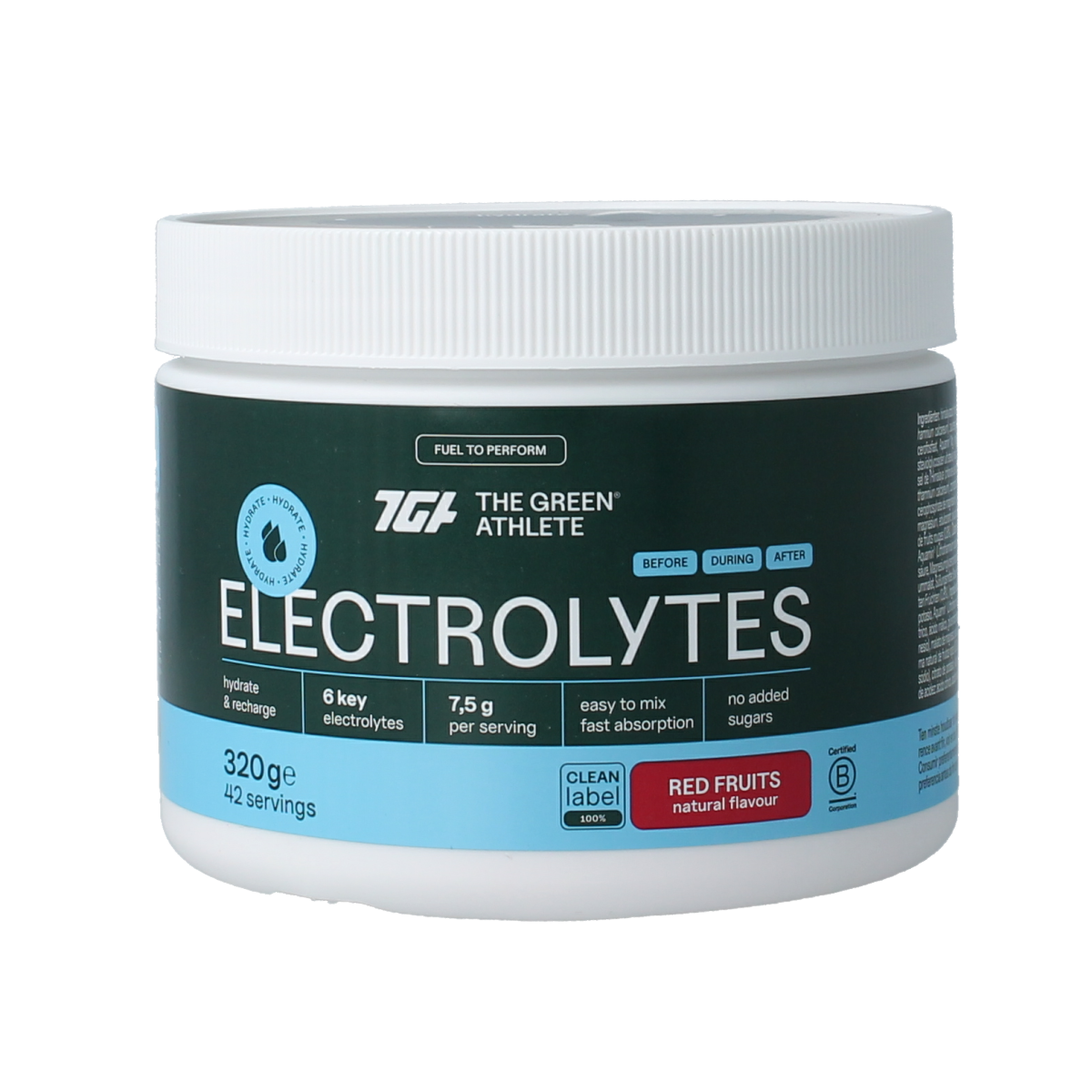 The Green Athlete Electrolytes Red Fruits mineral blend in a 320g container, featuring colorful red fruit flavor and supplement packaging.