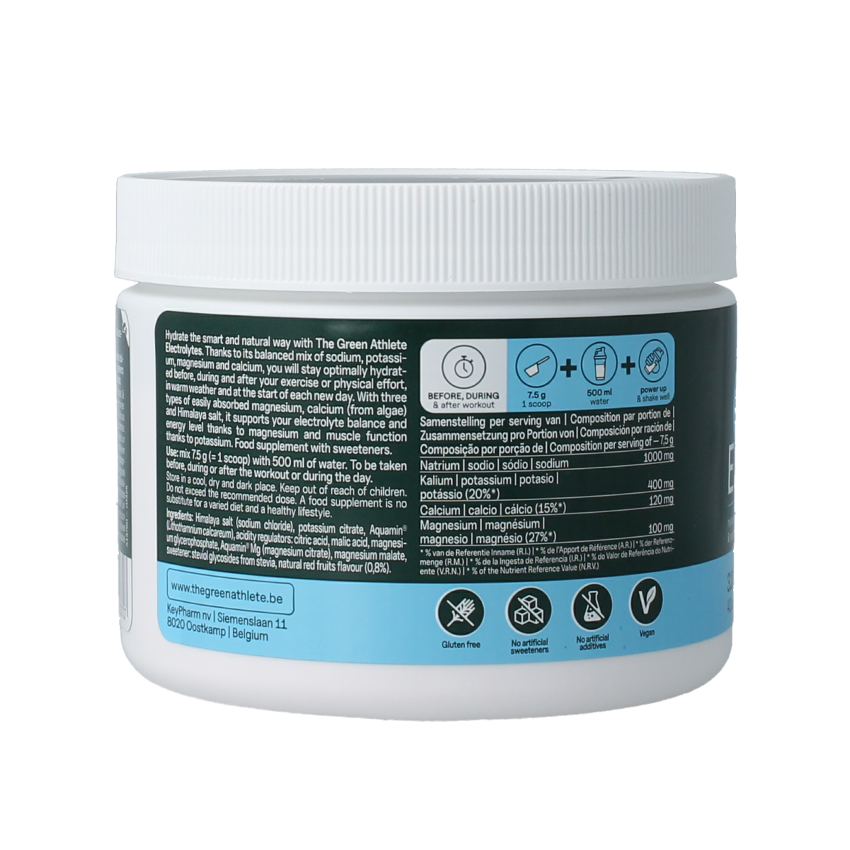 The Green Athlete Electrolytes red fruits mineral blend in a 320g container, showing the colorful label and product packaging.