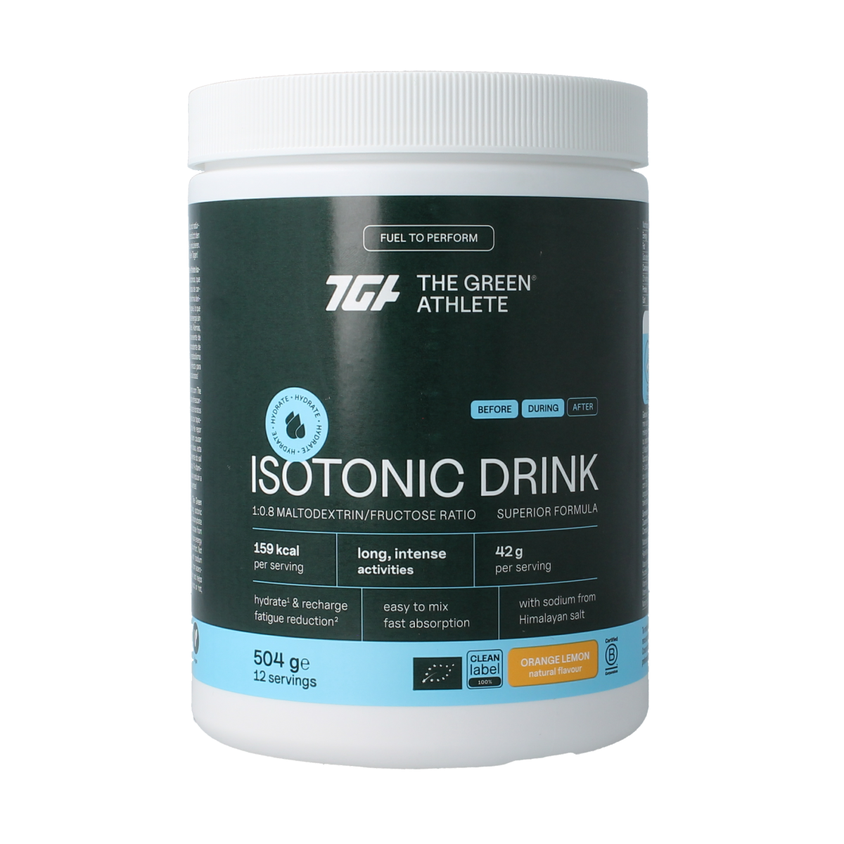 The Green Athlete Isotonic drink bio 504g bottle with colorful label, vitamin multi formula for hydration and energy.