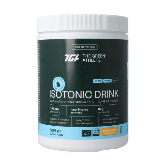 The Green Athlete Isotonic drink bio 504g bottle with colorful label, vitamin multi formula for hydration and energy.