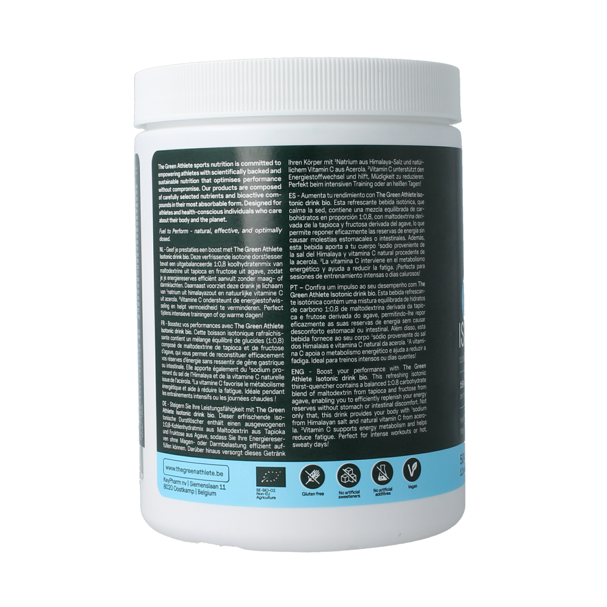 The Green Athlete bio isotonic drink in 504g container, featuring vitamin multi formula for hydration and energy.