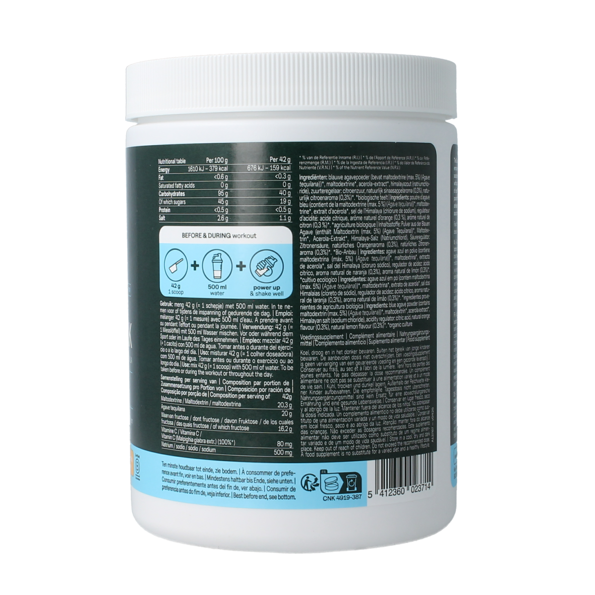 The Green Athlete bio isotonic drink powder, 504g, vitamin multivitamin supplement in a green container with label.
