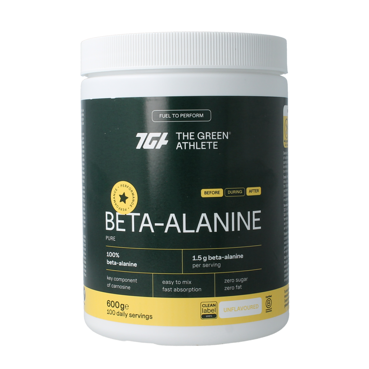 Green Athlete Beta Alanine amino acid supplement in a 600g container with label showing product details.