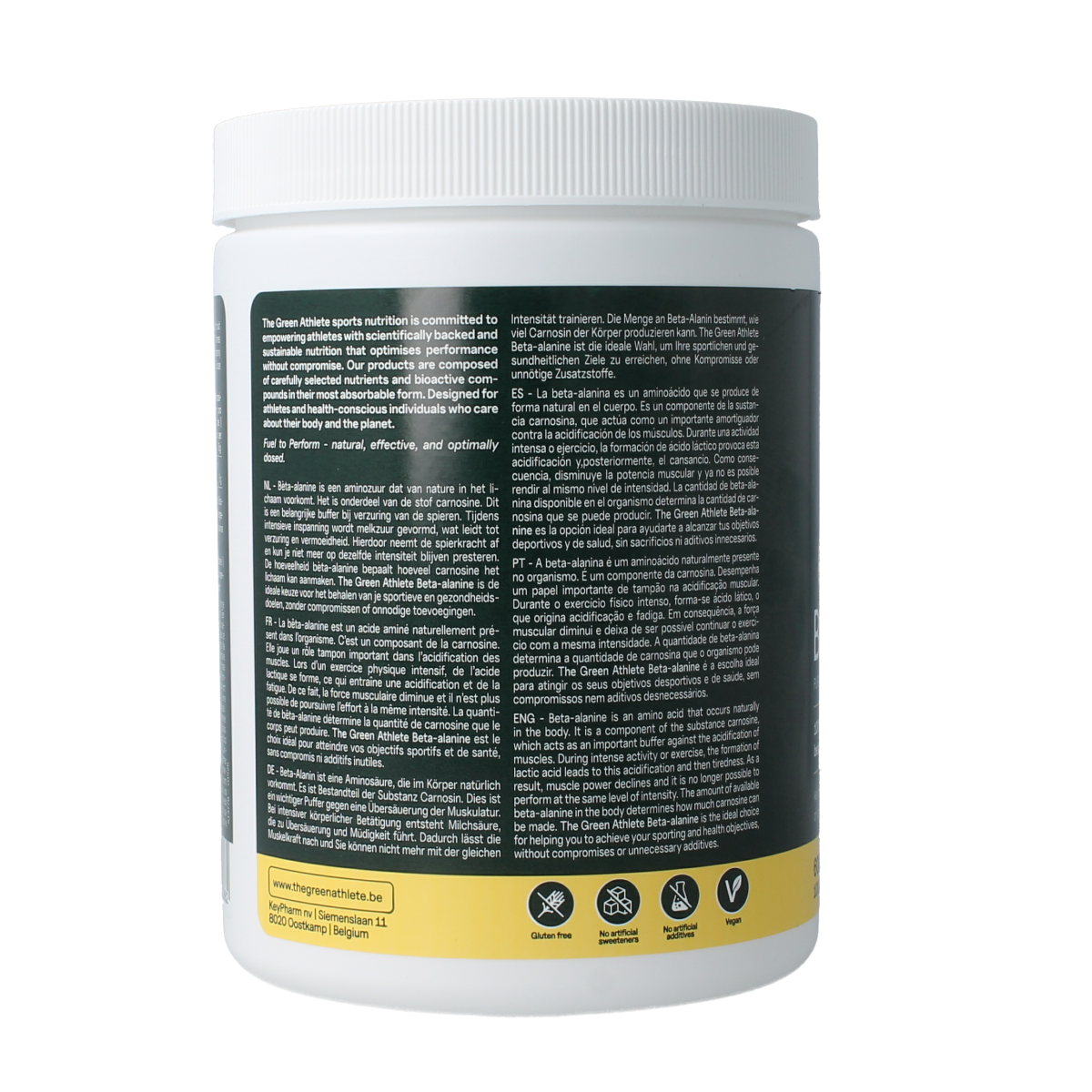 The Green Athlete Beta Alanine amino acid powder in a 600g container, shown with the product label and packaging.
