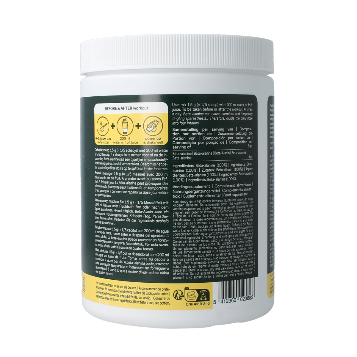 The Green Athlete Beta Alanine amino acid powder in a 600g container, showing the label and product packaging.