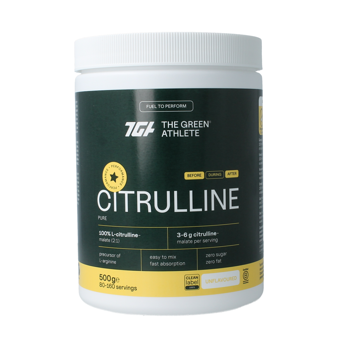 Green Athlete L-Citrulline Malate amino acid supplement in a 500g container, showing the product packaging and label.