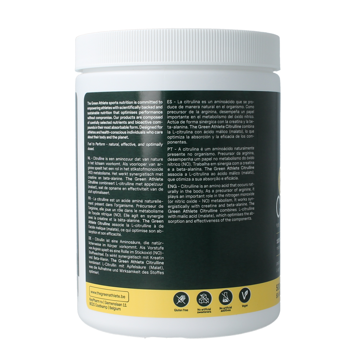 The Green Athlete L-Citrulline Malate amino acid supplement in a 500g container with a label featuring green design.
