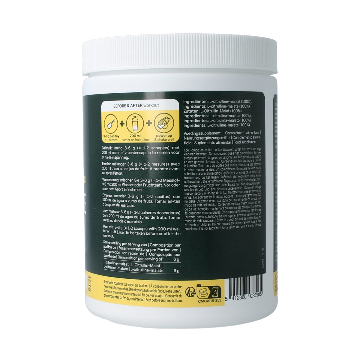 The Green Athlete L-Citrulline Malate amino acid supplement in a 500g container, featuring the product label and packaging.