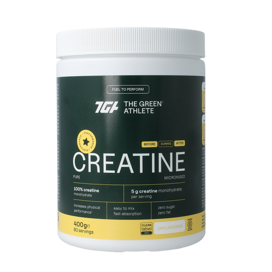 Green Athlete Creatine 400g container, amino acids supplement, with a green and white label and product branding.