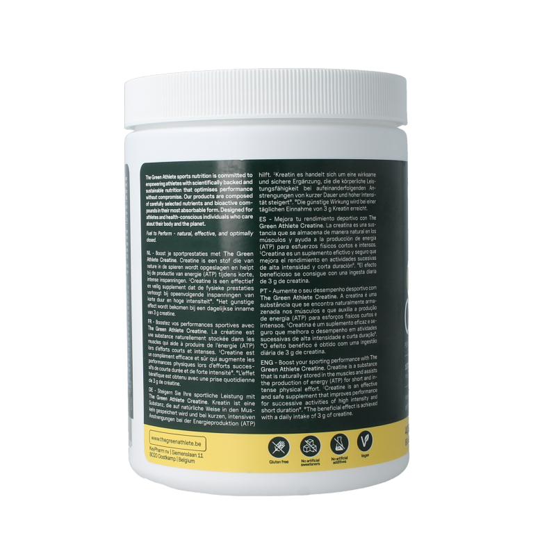 Green Athlete Creatine amino acids supplement in a 400g container, showcasing the product label and packaging.