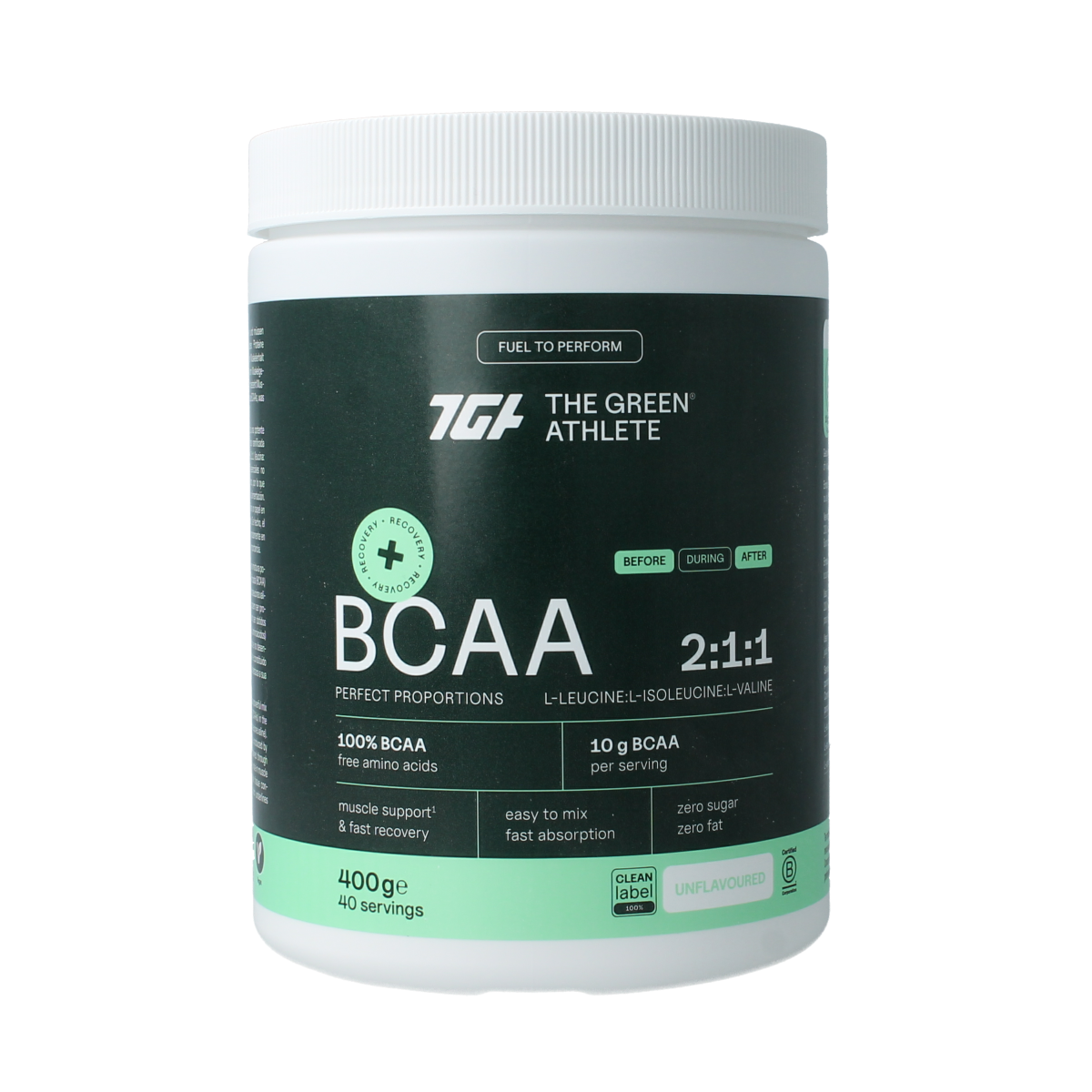 Green Athlete BCAA amino acids supplement in a 400g container, showcasing the product packaging with the label.
