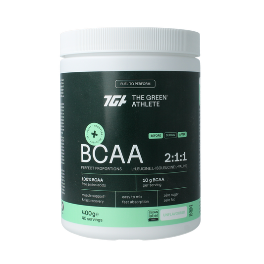 Green Athlete BCAA amino acids supplement in a 400g container, showcasing the product packaging with the label.