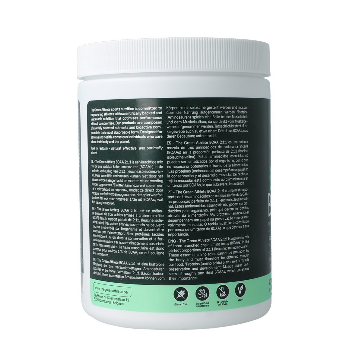 The Green Athlete BCAA amino acids supplement in a 400g container, featuring the product label and green branding.