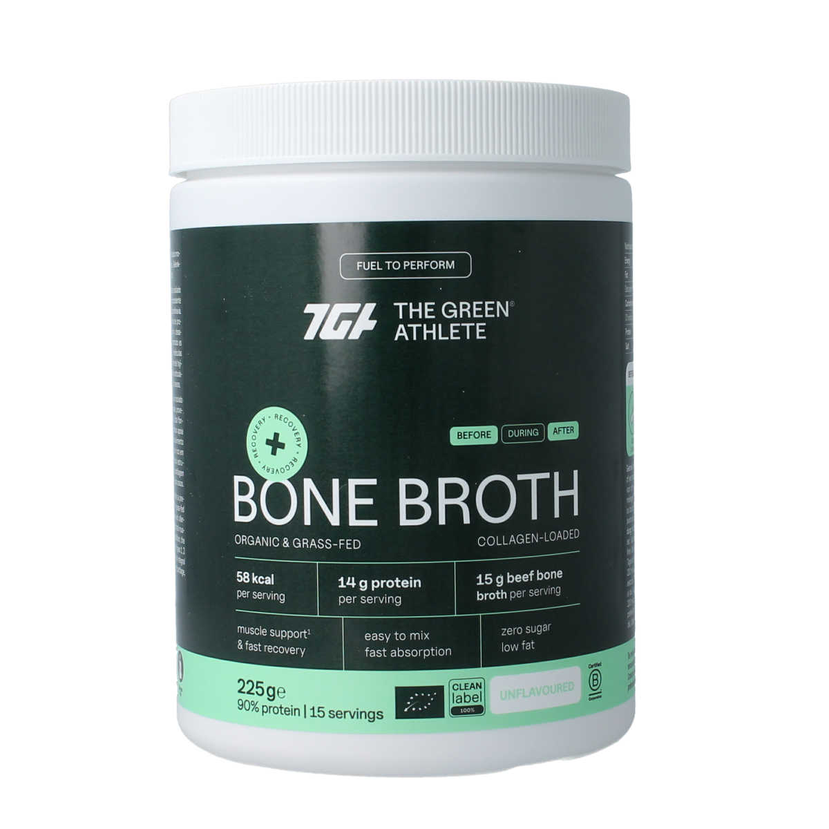 Green Athlete Beef Bone Broth bio in 225g, featuring a clear container with a rich, savory beef broth and natural ingredients.