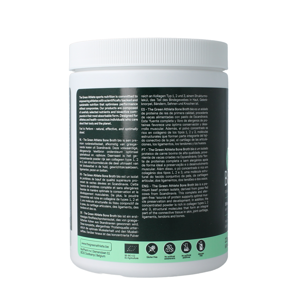 Organic The Green Athlete Beef Bone Broth in 225g container, showcasing the label and broth inside in a natural setting.
