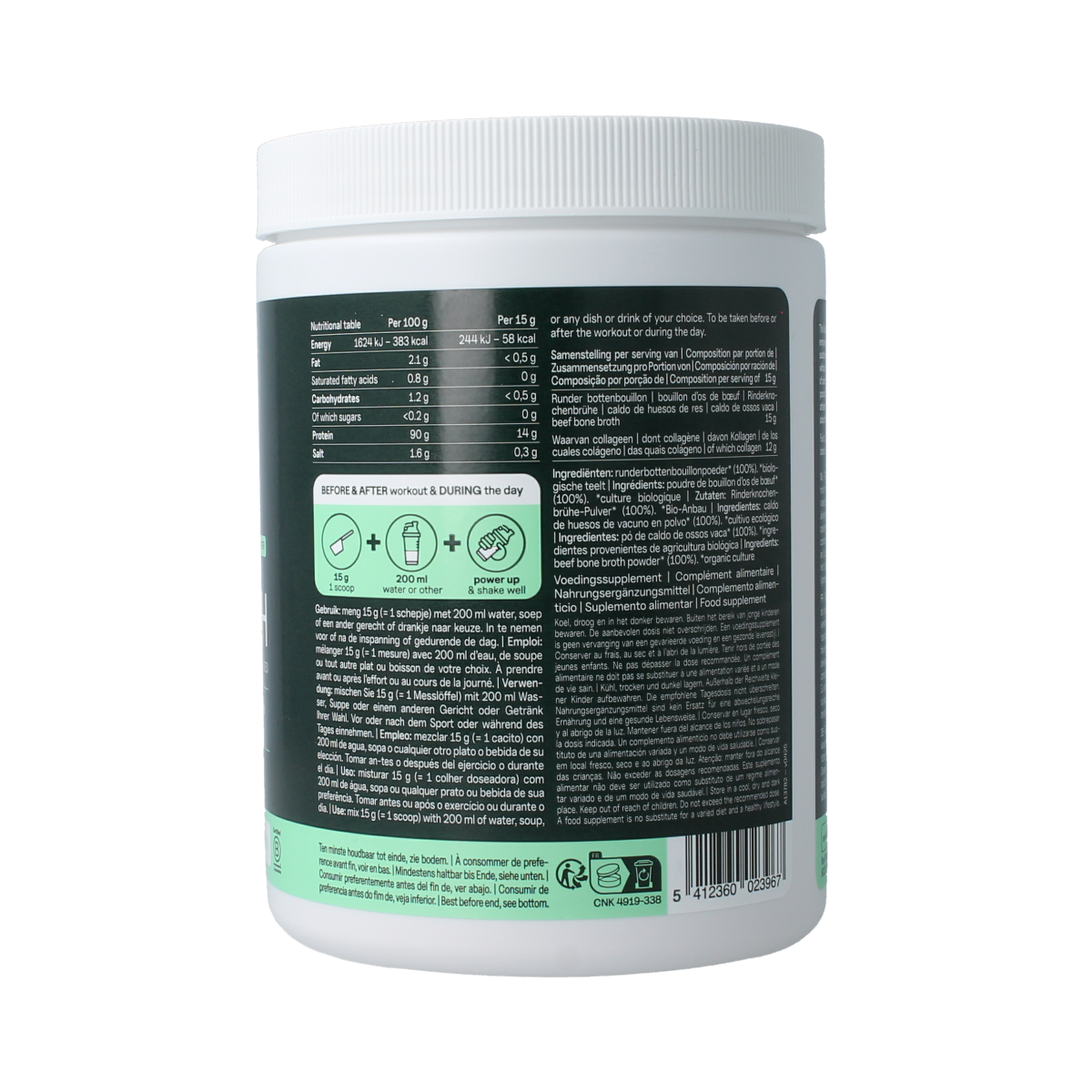 Glass bowl of The Green Athlete Beef Bone Broth bio with fresh herbs, showcasing the organic beef broth in a clear glass container.