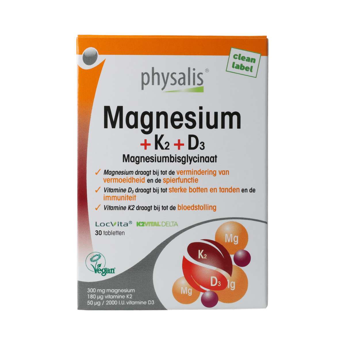 Physalis Magnesium, K2, D3 mineral supplement tablets in a bottle, showing the label and tablets inside.