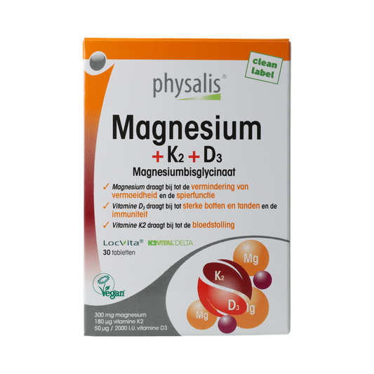 Physalis Magnesium, K2, D3 mineral supplement tablets in a bottle, showing the label and tablets inside.
