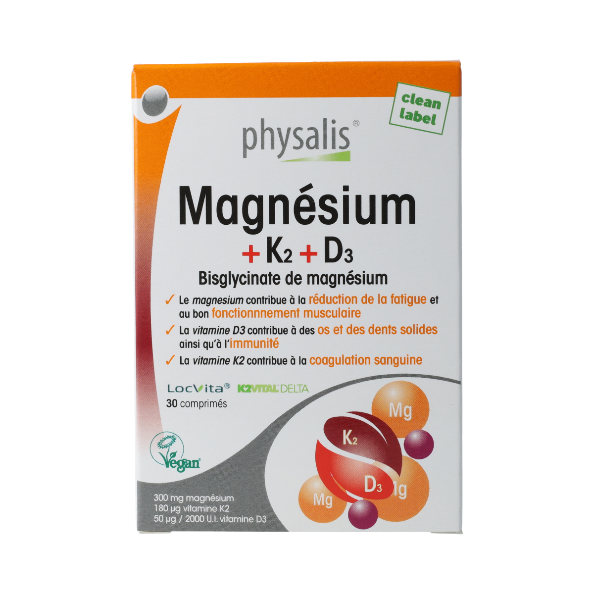 Physalis Magnesium with K2 and D3 dietary supplement in 30 tablets, showing the bottle and tablets inside.