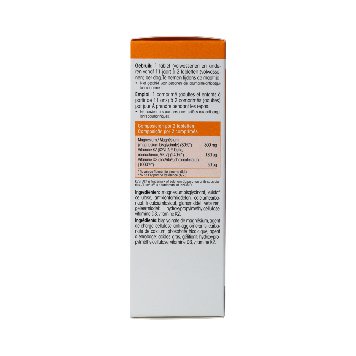 Physalis Magnesium, K2, D3 mineral supplement tablets in a blister pack, natural dietary supplement for bone and muscle health.