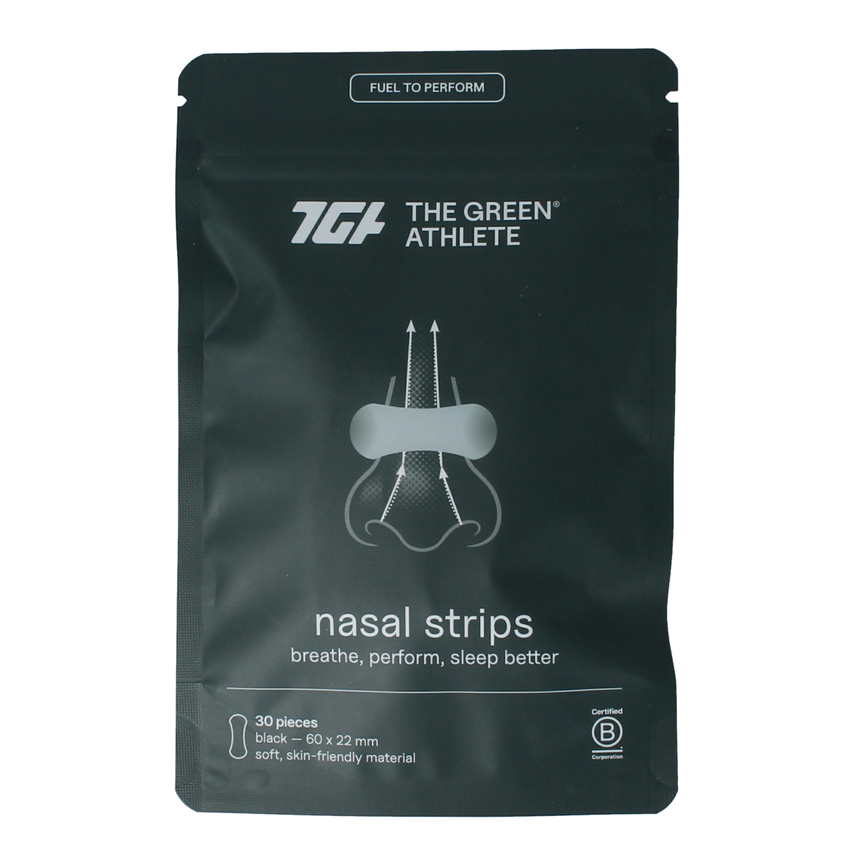 The Green Athlete TGA nasal strips for nasal care and inhalation, shown in a box with 30 strips.