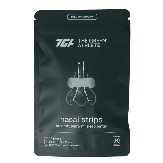 The Green Athlete TGA nasal strips for nasal care and inhalation, shown in a box with 30 strips.
