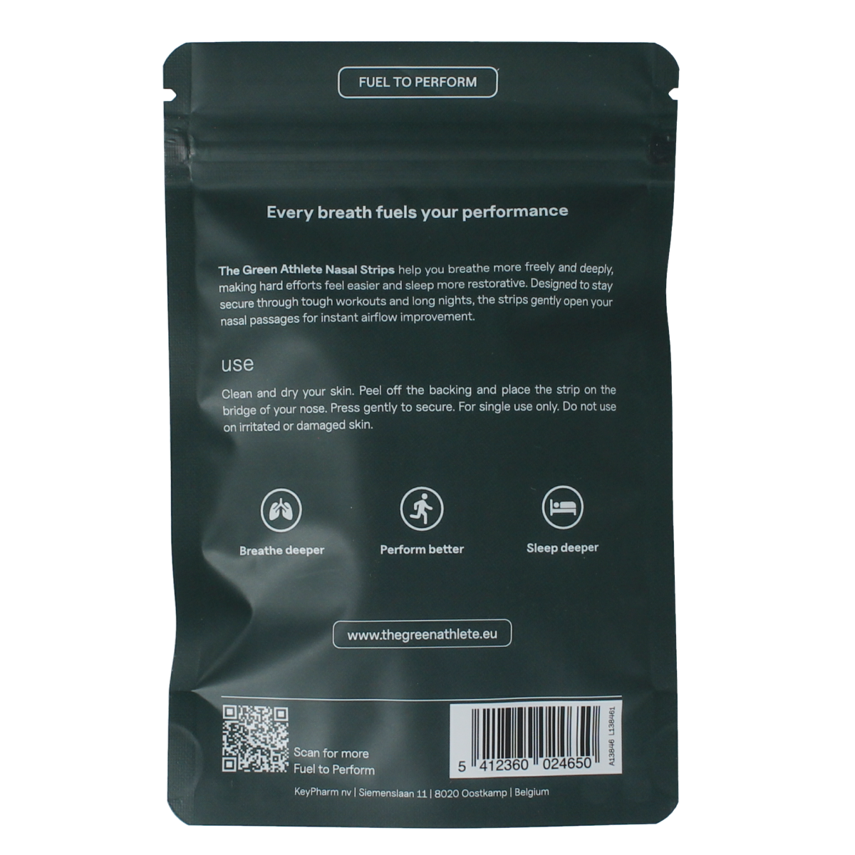 The Green Athlete TGA nasal strips for nasal care and inhalation, showing a pack of 30 strips on the product image.