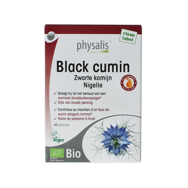 Physalis Black Cumin bio 60 capsules in a bottle, natural herbal supplement from Physalis brand for health support.