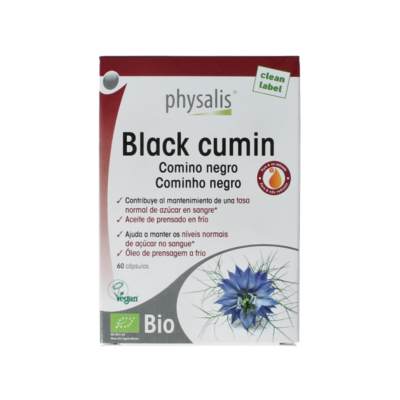 Physalis Black Cumin bio 60 capsules, herbal supplement in a clear bottle with label, showcasing the product and capsules.