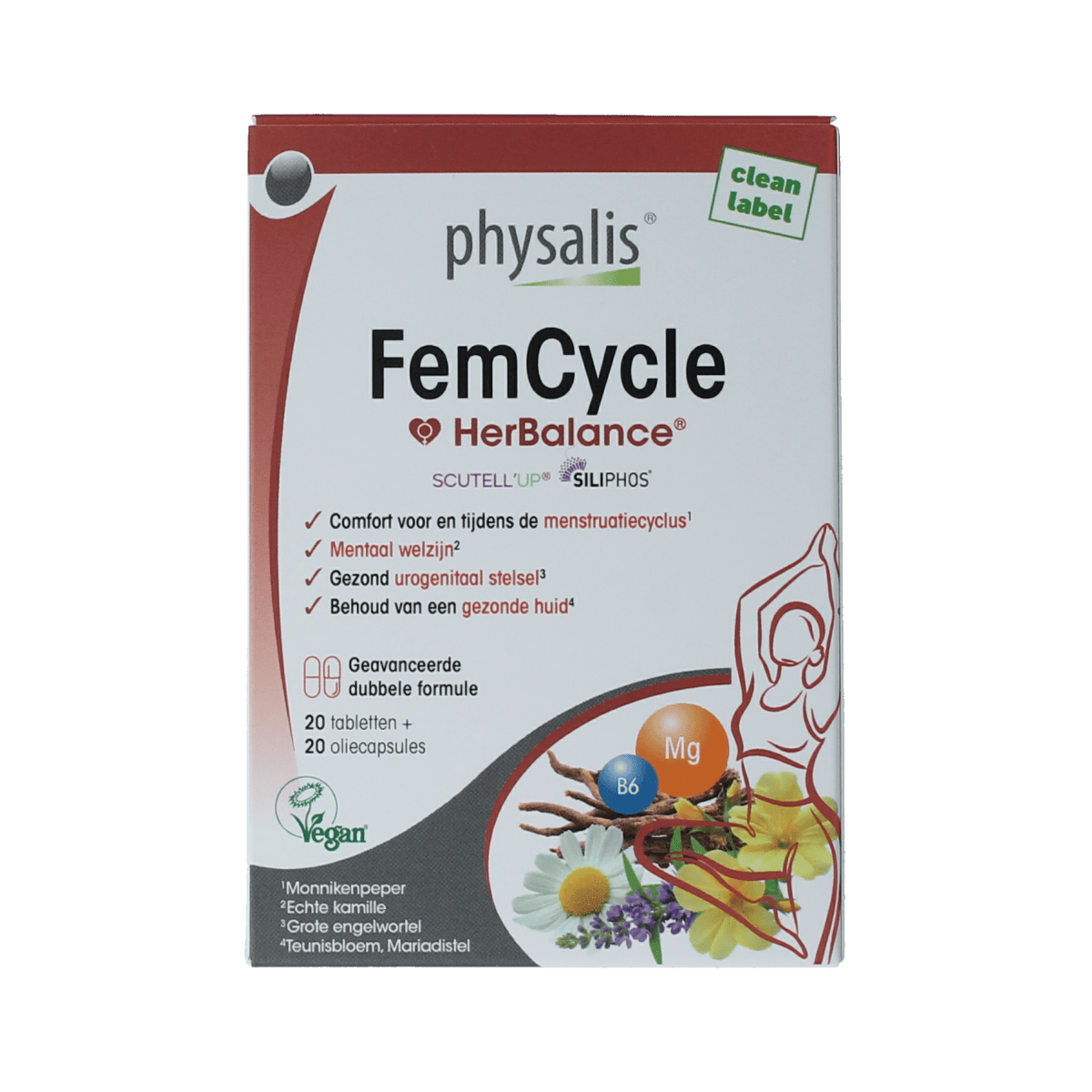 Physalis FemCycle supplement box with 40 capsules, featuring natural herbal ingredients for women's health.