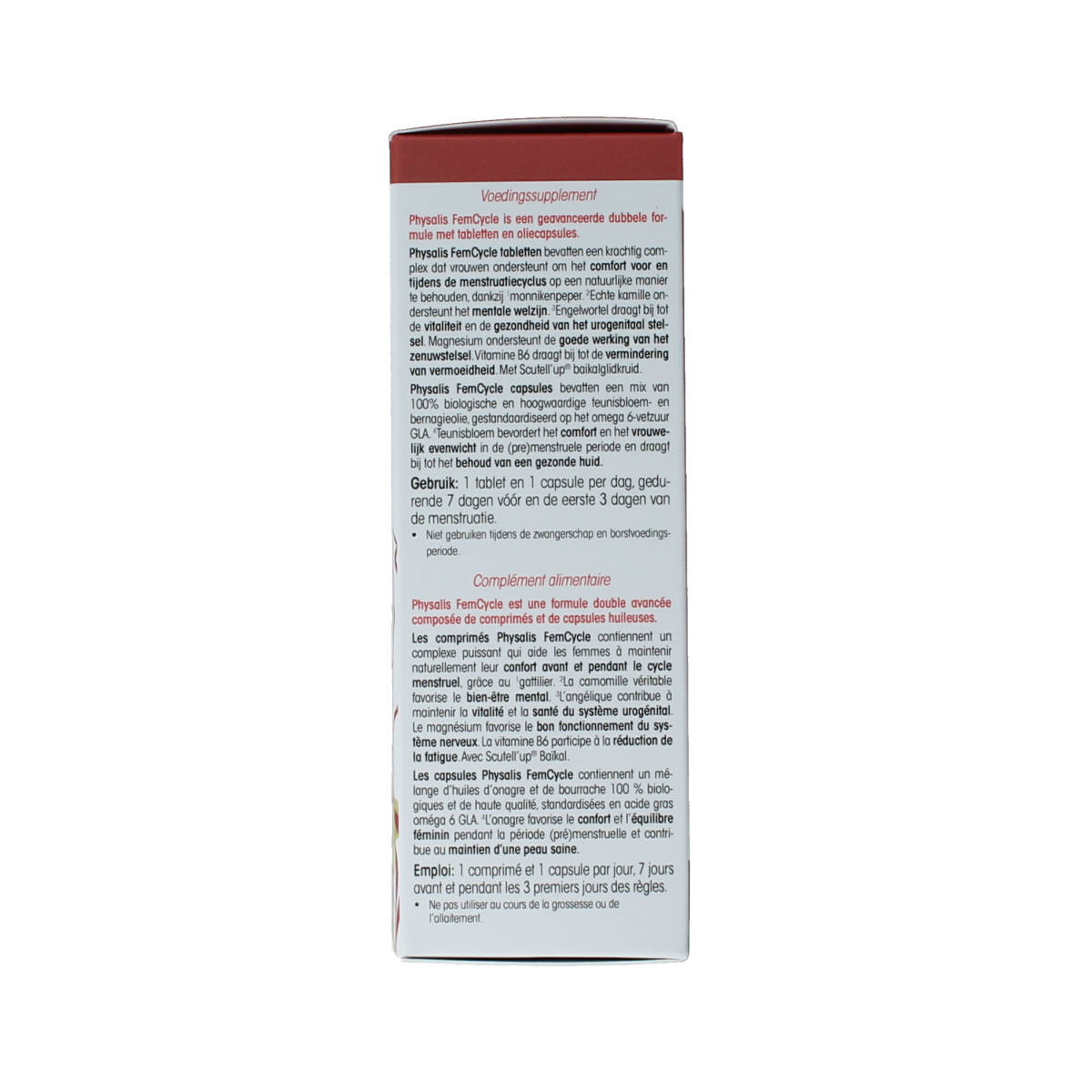 Physalis FemCycle dietary supplement box with 40 capsules, featuring natural herbal ingredients in a colorful package.