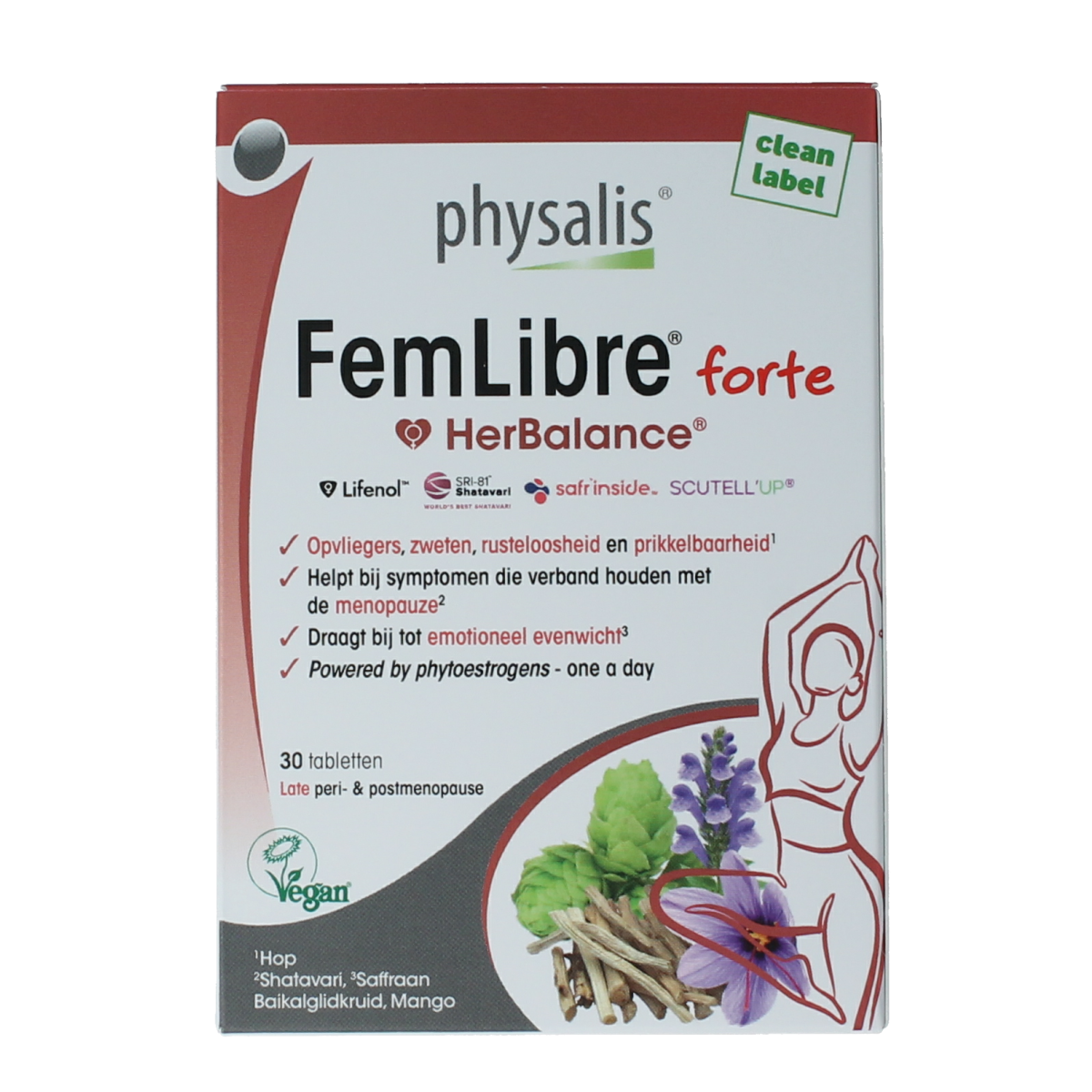 Physalis FemLibre forte supplement box with 30 tablets, natural herbal dietary supplement for women's health.