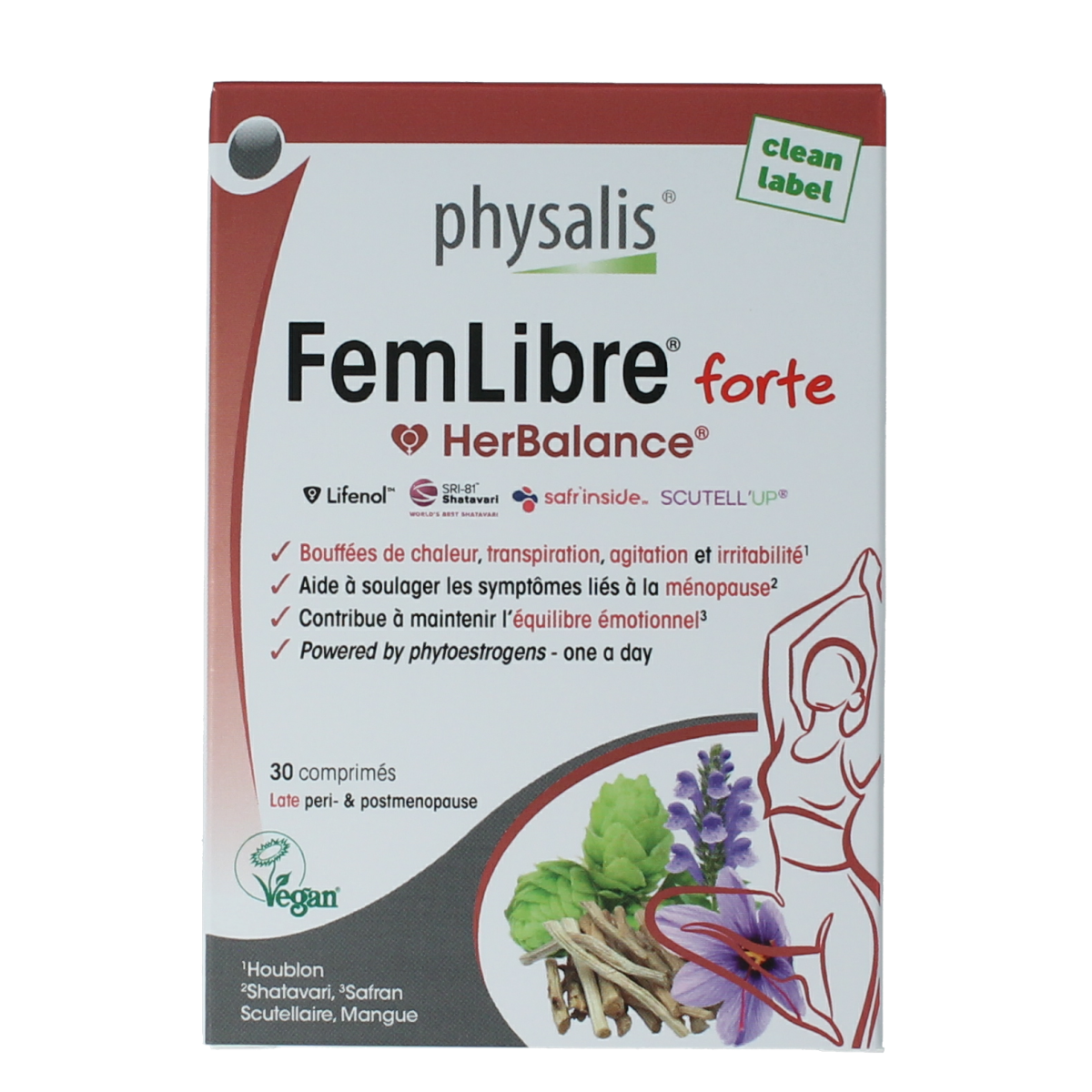 Physalis FemLibre Forte 30 tablets, dietary supplement with herbal ingredients, shown in blister pack against a white background.