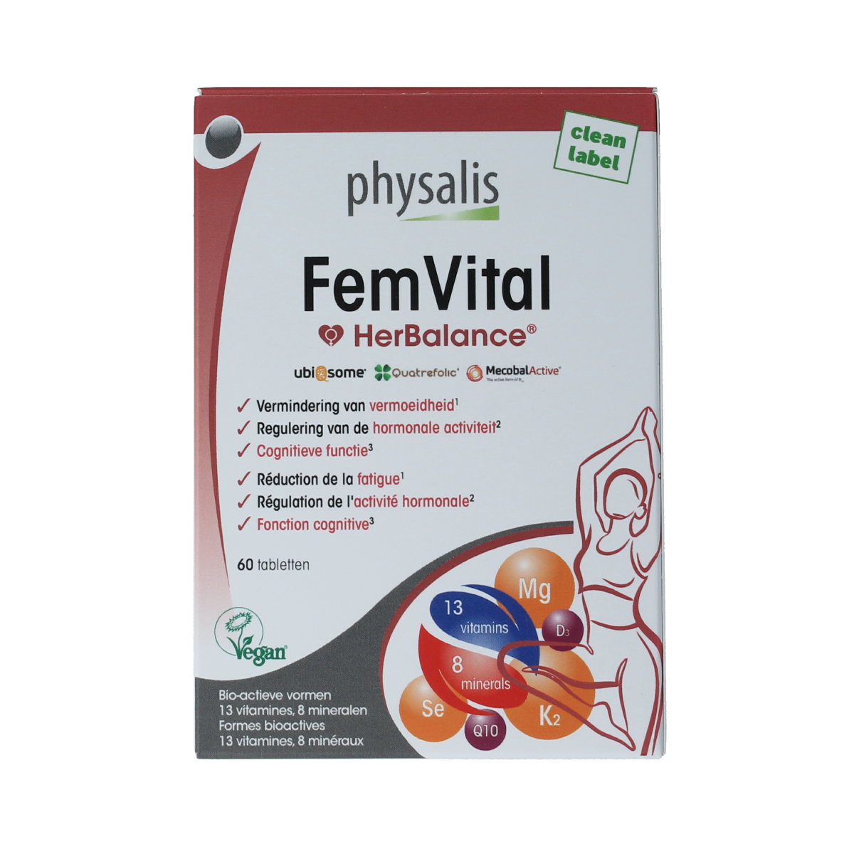 Physalis FemVital dietary supplement tablets in a white bottle with label, featuring natural ingredients and supplement details.