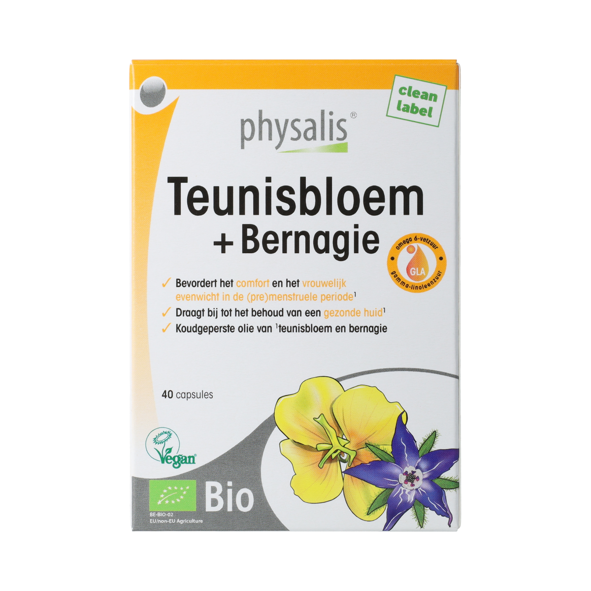 Physalis Physalis Teunisbloem and Bernagie herbal supplement capsules, 40 bio capsules in a blister pack.