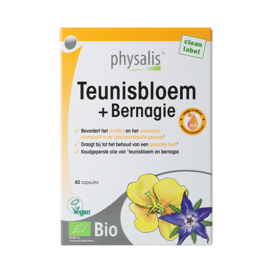 Physalis Physalis Teunisbloem and Bernagie herbal supplement capsules, 40 bio capsules in a blister pack.