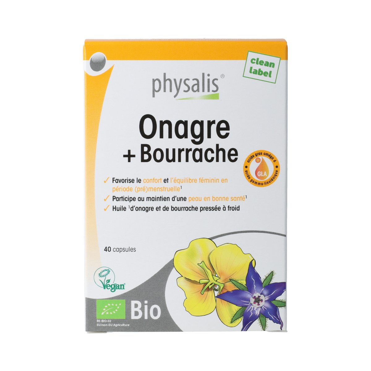 Physalis Physalis Teunisbloem and Bernagie herbal supplement capsules in a bottle, 40 BIO capsules for natural health support.